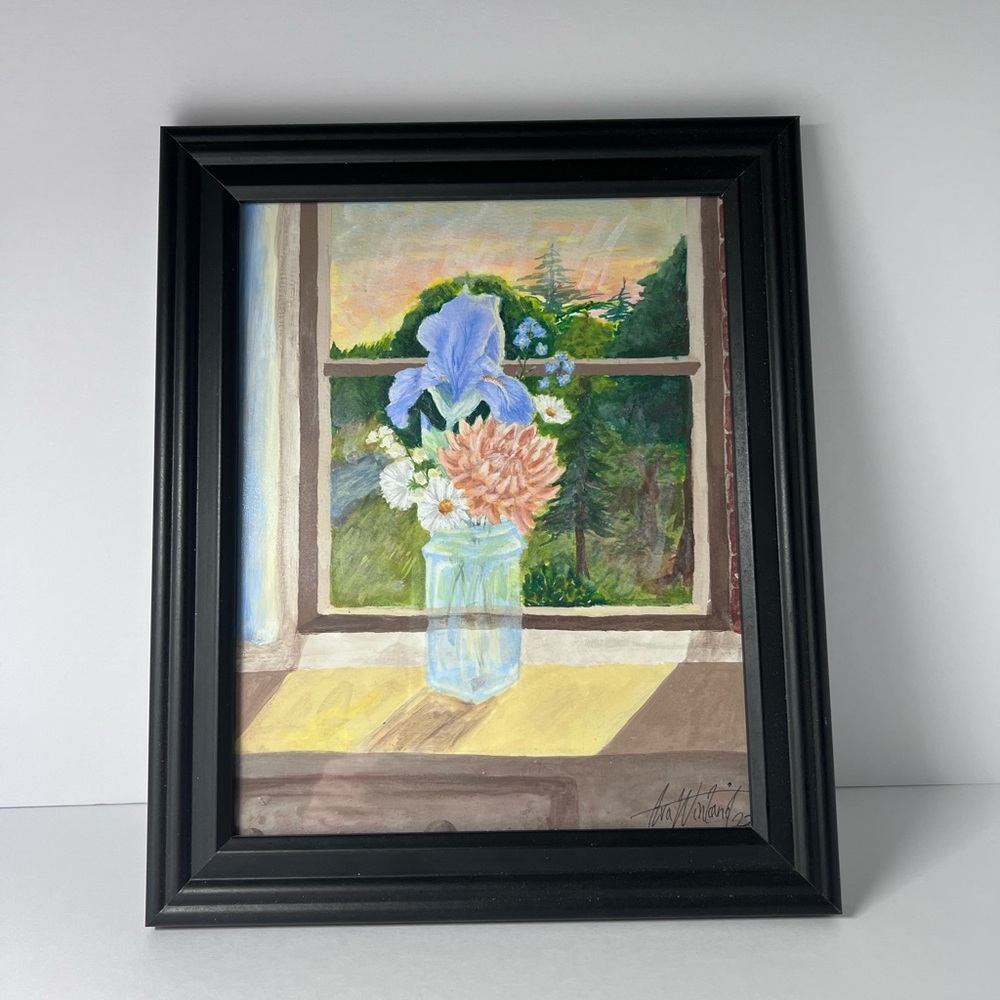 Framed Original Floral Painting Vase Still Life Window Scene 2023 modern rustic